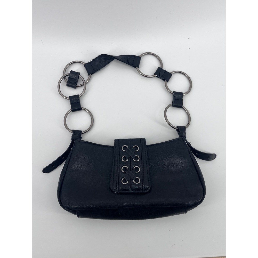 Black Faux Leather Baguette Shoulder Bag Silver Ring Chain Strap Y2K Grunge Goth